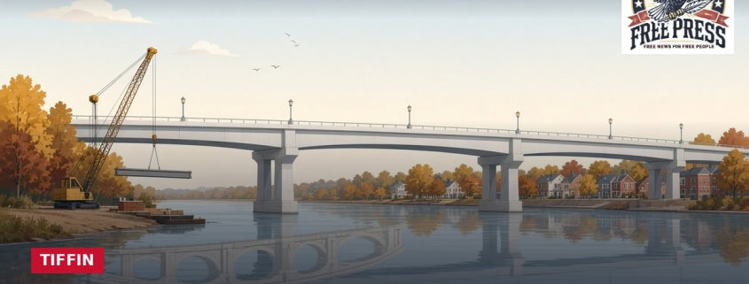 Fostoria News Illustration of Rich Focht Bridge spanning Fostoria River with autumn trees.